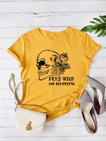 Skull & Floral & Slogan Graphic Tee