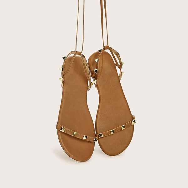 

Spiked Decor Tie Leg Flat Sandals, Brown