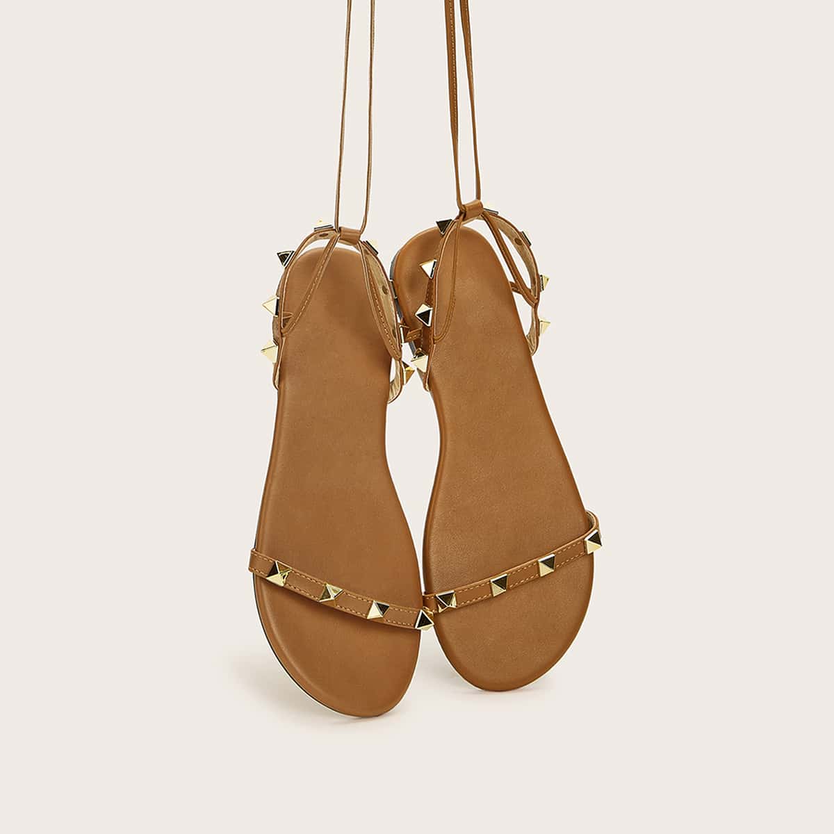 

Spiked Decor Tie Leg Flat Sandals, Brown