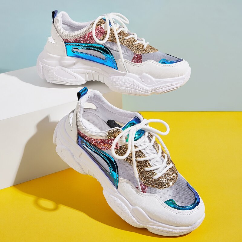 

Glitter Detail Lace-up Front Clear Chunky Sneakers, Multicolor