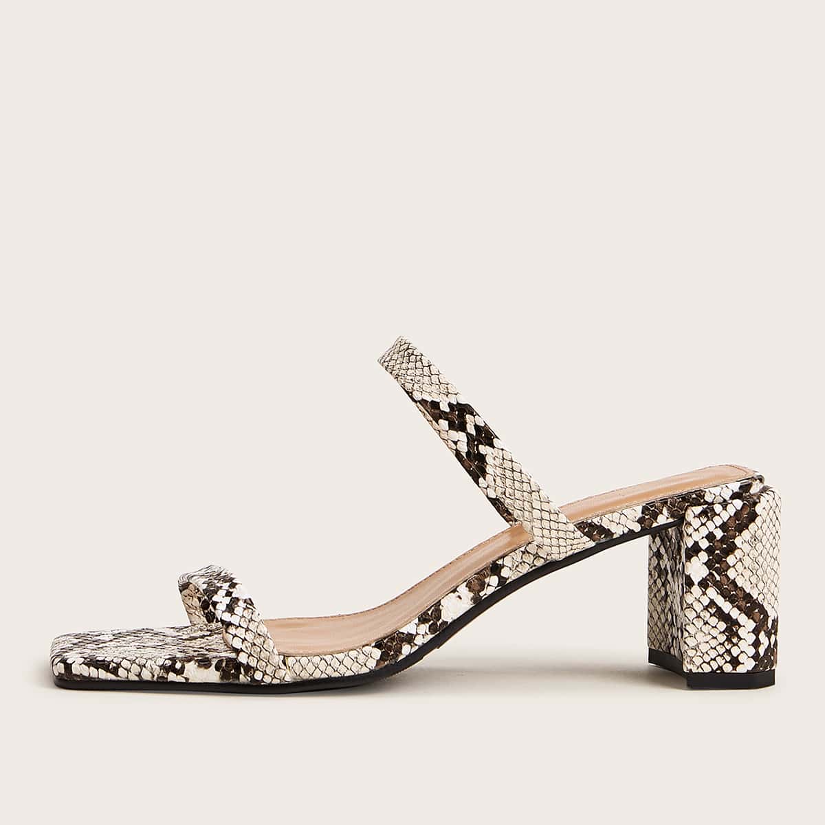 

Open Toe Snakeskin Print Chunky Heeled Mules, Multicolor
