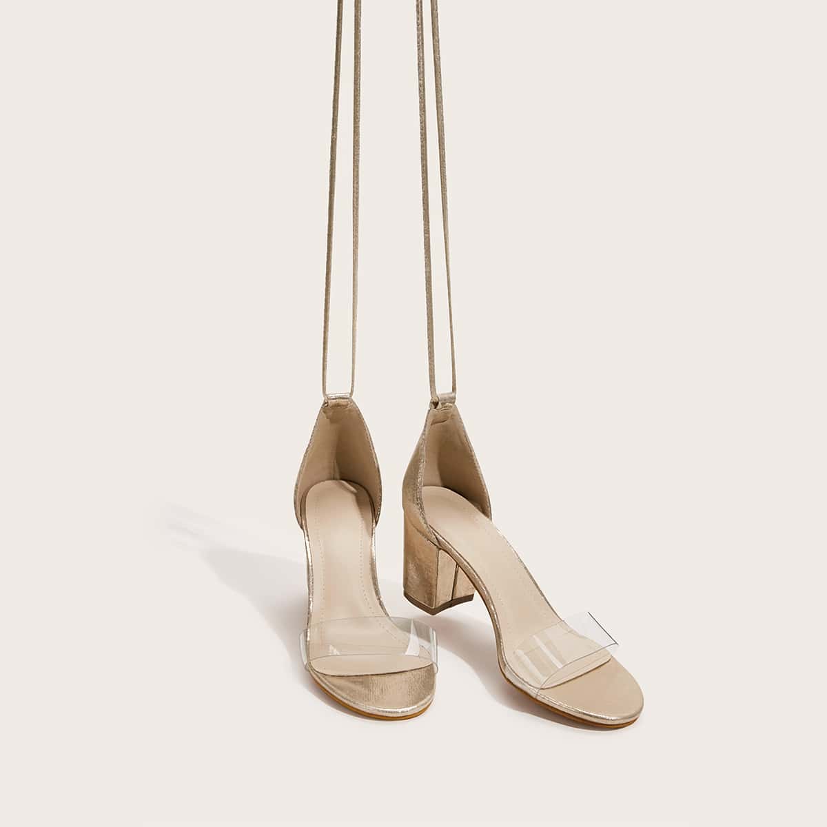 

Metallic Clear Tie Leg Chunky Heels, Nude