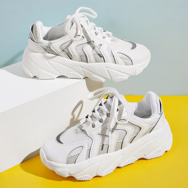 

Mesh Panel Lace-up Front Chunky Sneakers, White
