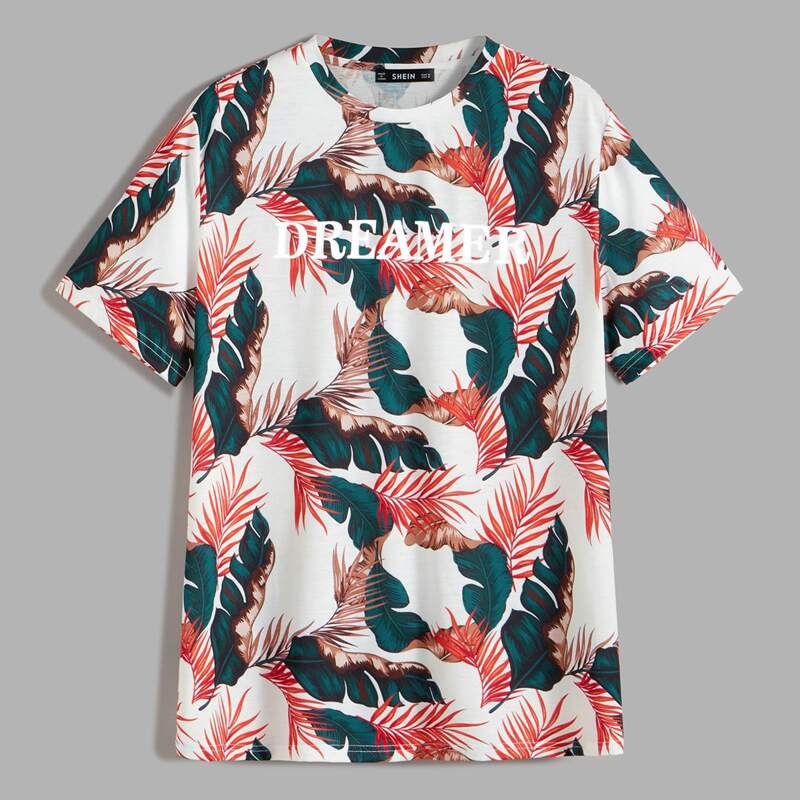 

Guys Letter & Tropical Print Tee, Multicolor