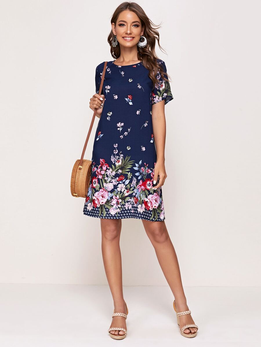 SHEIN Floral Print Tunic Dress - Navy Blue - View 1