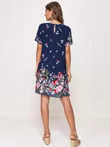 SHEIN Floral Print Tunic Dress - Navy Blue - View 2