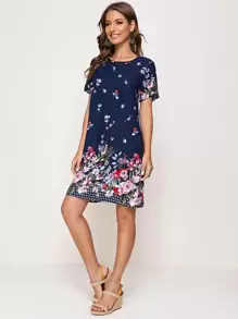 SHEIN Floral Print Tunic Dress - Navy Blue - View 3