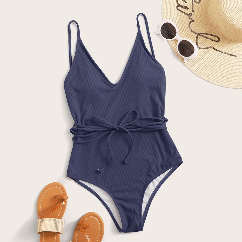 

Rib Tie Front One Piece Swimsuit, Navy blue