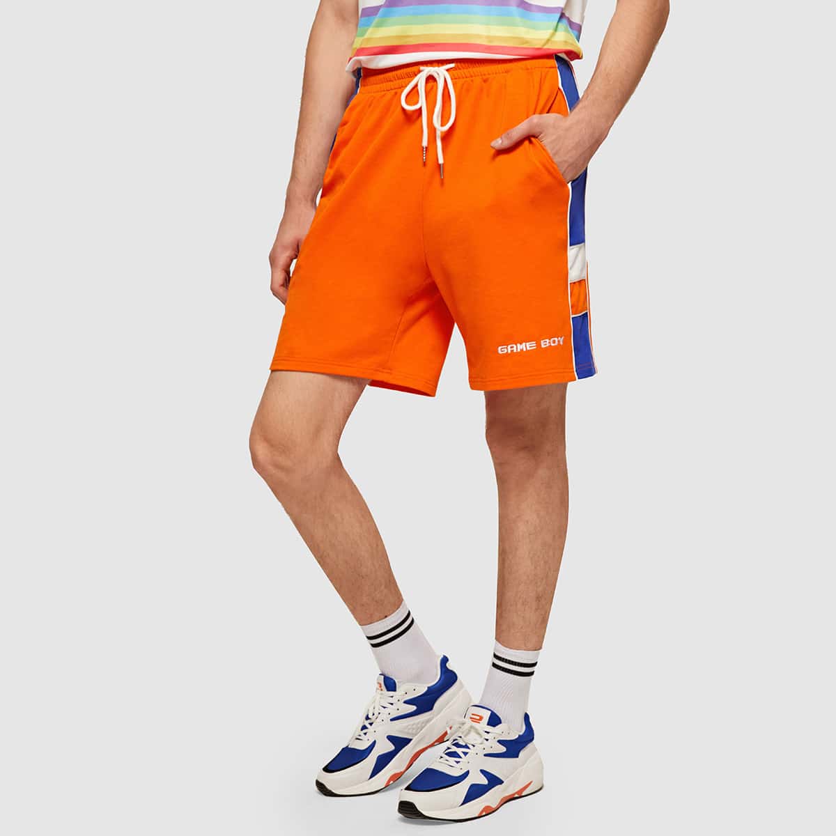 

Guys Neon Orange Letter Embroidered Contrast Sideseam Track Shorts, Orange bright