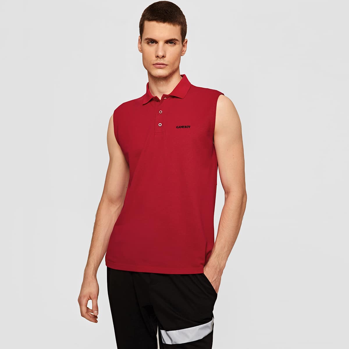 

Guys Letter Embroidered Sleeveless Polo Shirt, Red