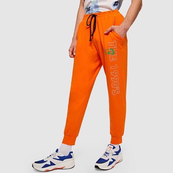 

Men Neon Orange Letter Graphic Drawstring Waist Joggers, Orange bright