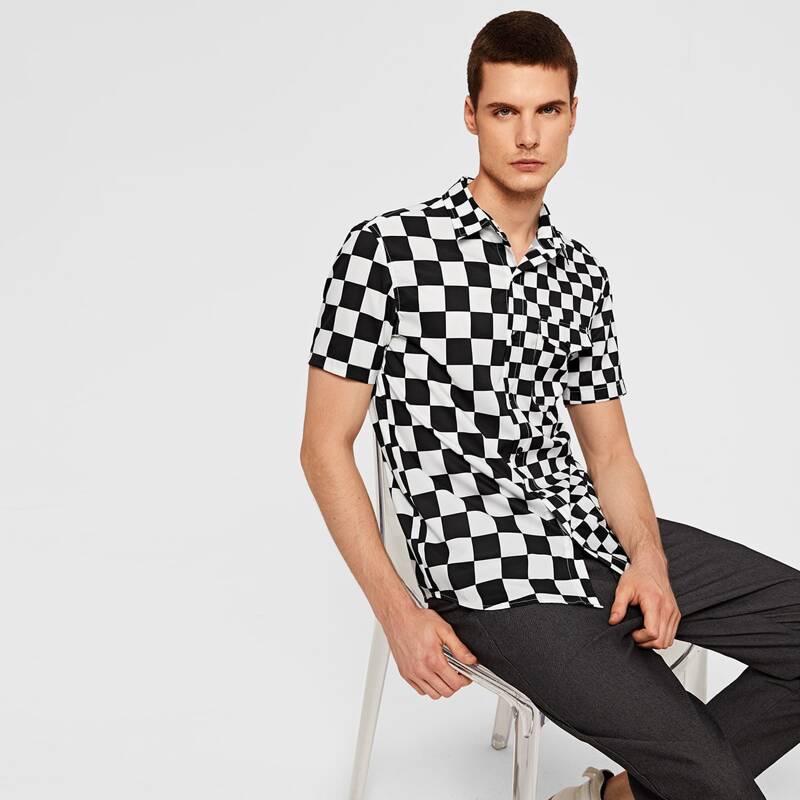 

Guys Flap Pocket Patched Checkered Shirt, Black and white