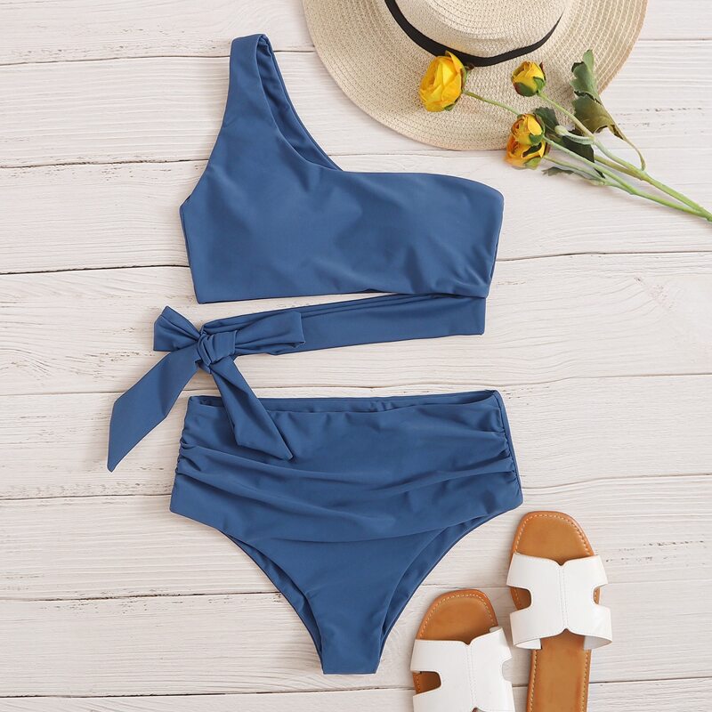 

One Shoulder Ruched High Waist Bikini Swimsuit, Blue