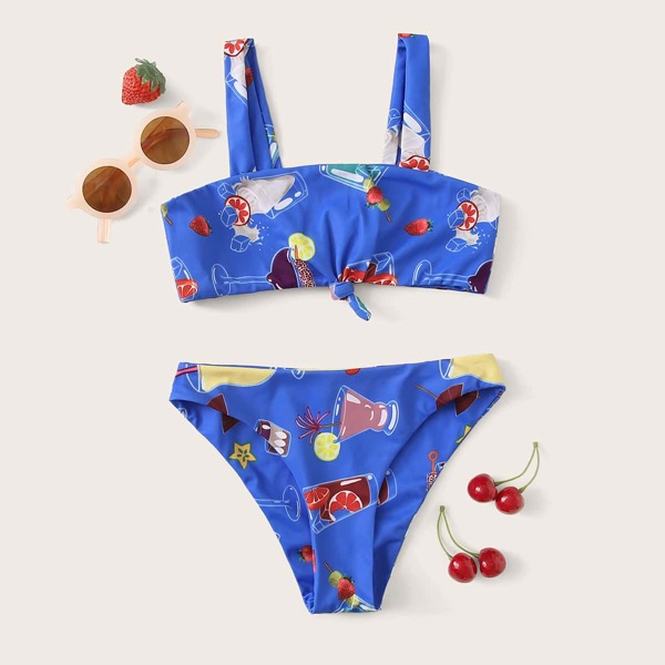 

Girls Fruit Print Knot Front Bikini Swimsuit, Blue