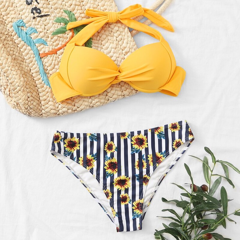 

Sunflower & Striped Print Underwire Bikini Swimsuit, Multicolor