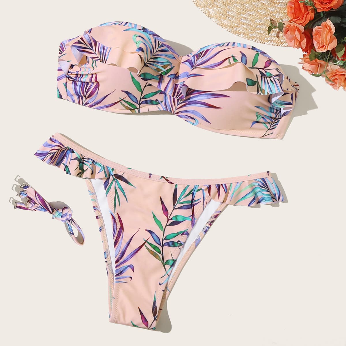 

Tropical Ruffle Underwire Tanga Bikini Swimsuit, Multicolor
