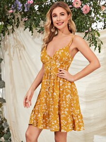 SHEIN 前紐扣荷葉邊下擺花卉夏裝裙 - 黃色 - 查看 3