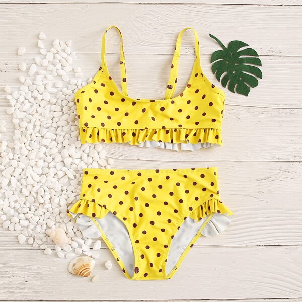

Girls Polka Dot Ruffle Trim Bikini Swimsuit, Yellow