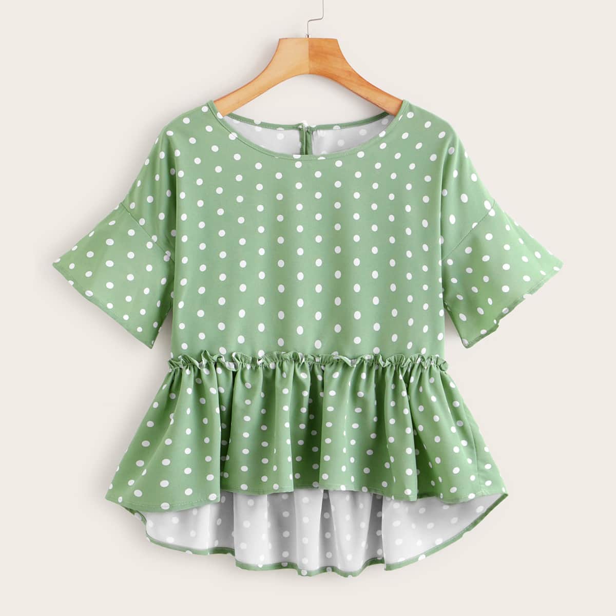 

Polka Dot High Low Peplum Blouse, Green