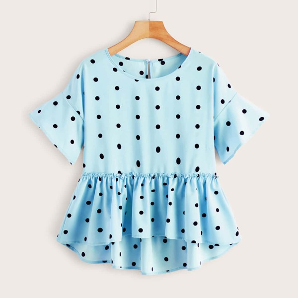 

Polka Dot High Low Peplum Blouse, Blue