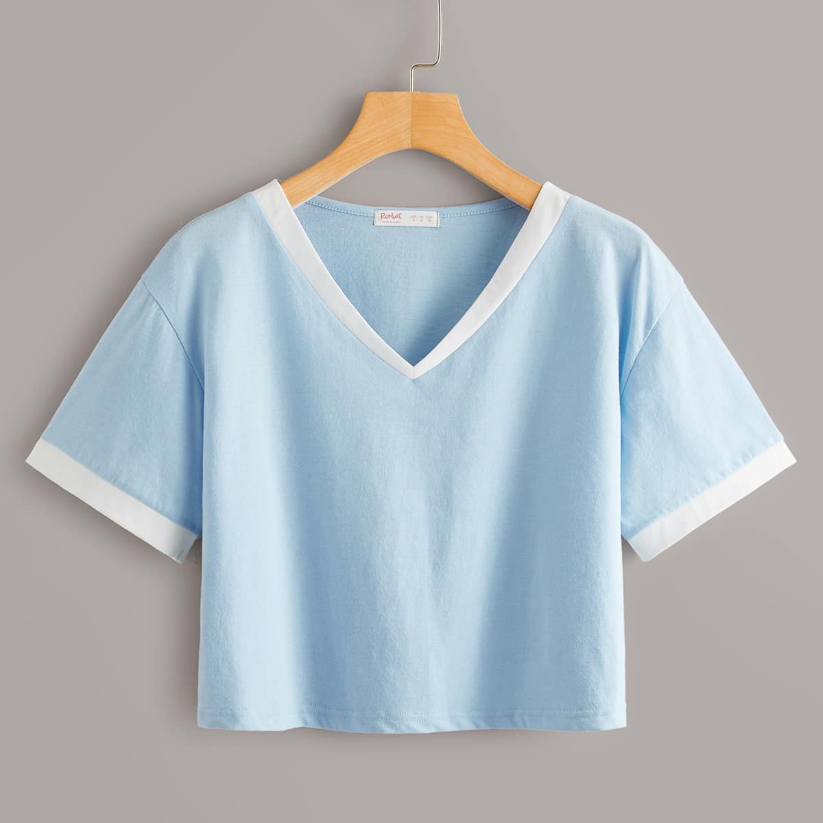 

Contrast Binding Blue Crop Tee, Baby blue