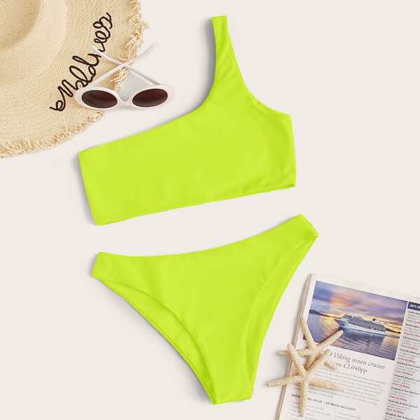 

Neon Yellow One Shoulder Bikini Swimsuit, Yellow bright