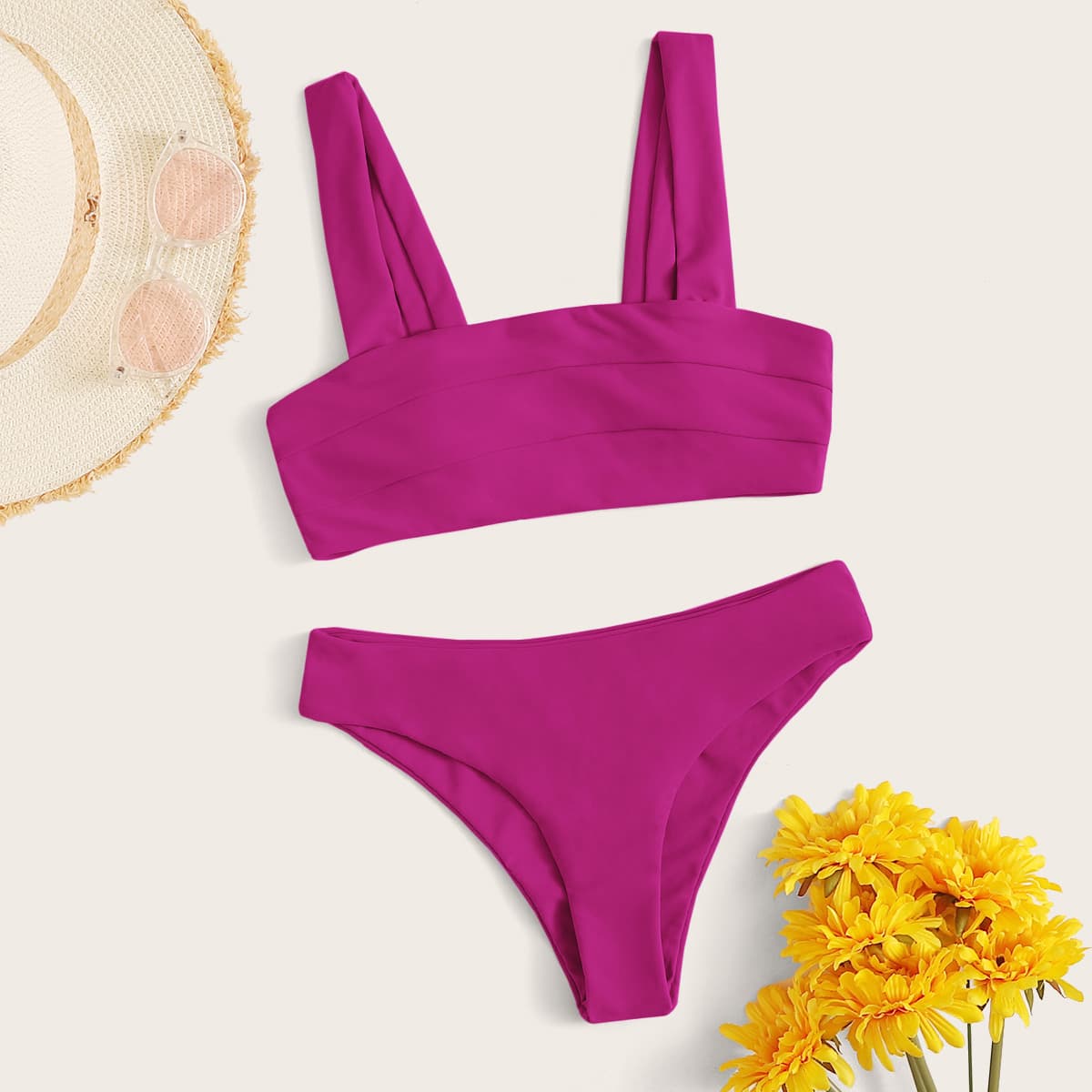 

Seam Detail Square Neck Bikini Swimsuit, Pink bright