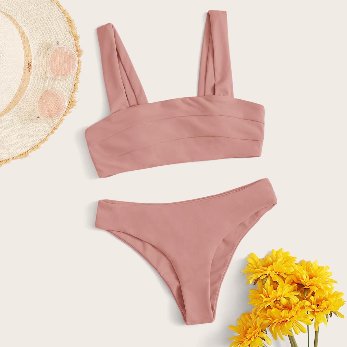 

Seam Detail Square Neck Bikini Swimsuit, Pink