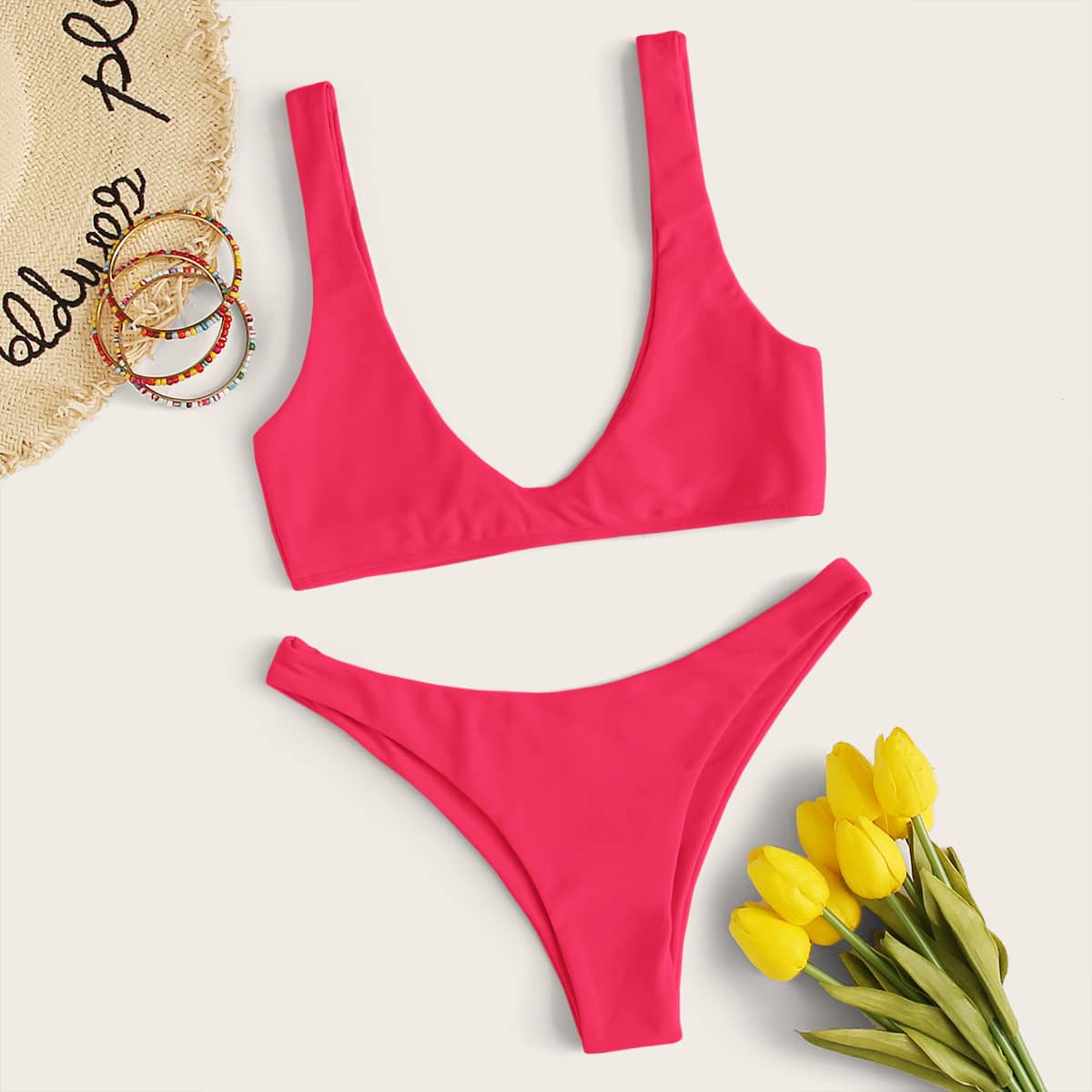 

Neon Pink Cheeky Bikini Swimsuit, Pink bright