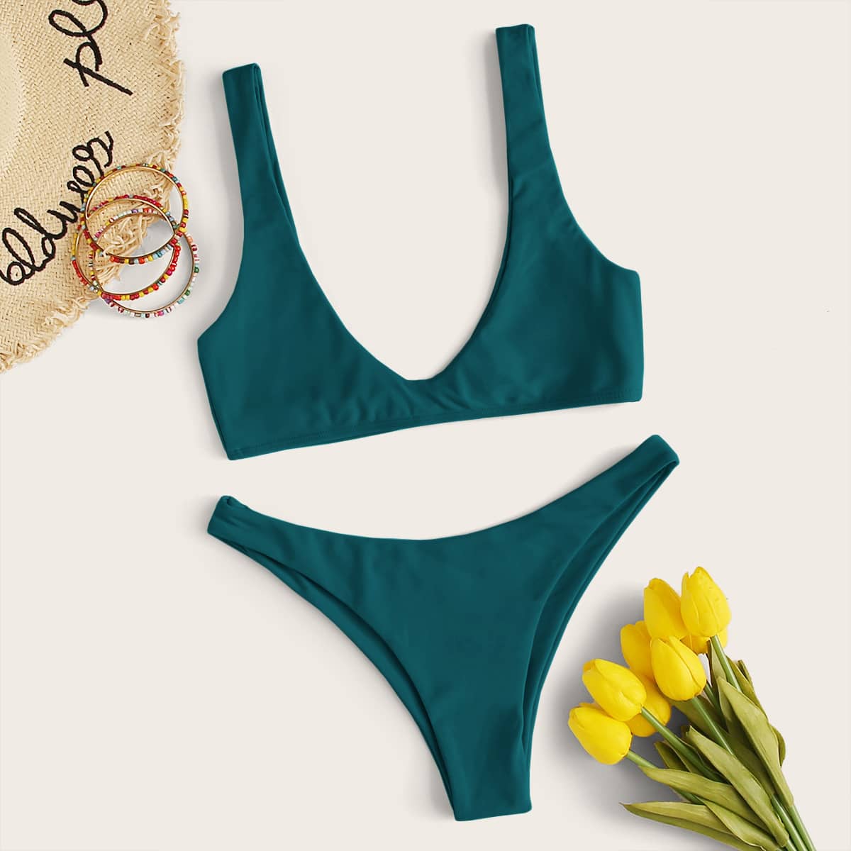

Plain Cheeky Bikini Swimsuit, Green
