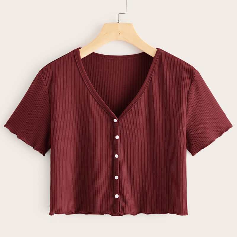 

Button-Front Ribbed Crop Top, Burgundy