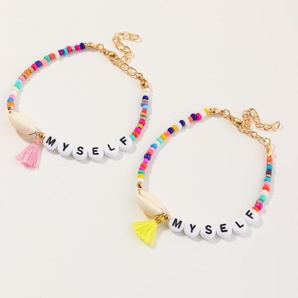 

2pcs Toddler Girls Tassel Charm Beaded Bracelet, Multicolor