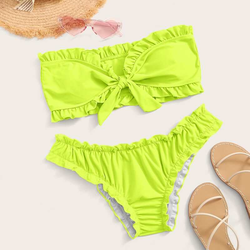 

Neon Yellow Frill Knot Front Bandeau Bikini Swimsuit, Yellow bright