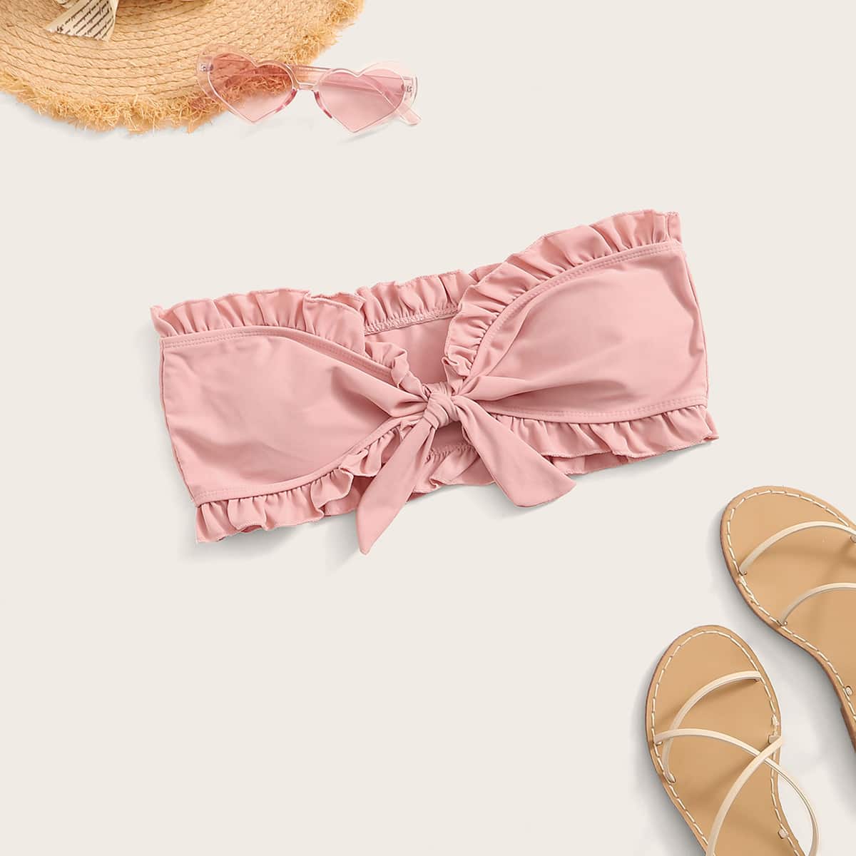 

Frill Trim Knot Front Bandeau Bikini Top, Pink