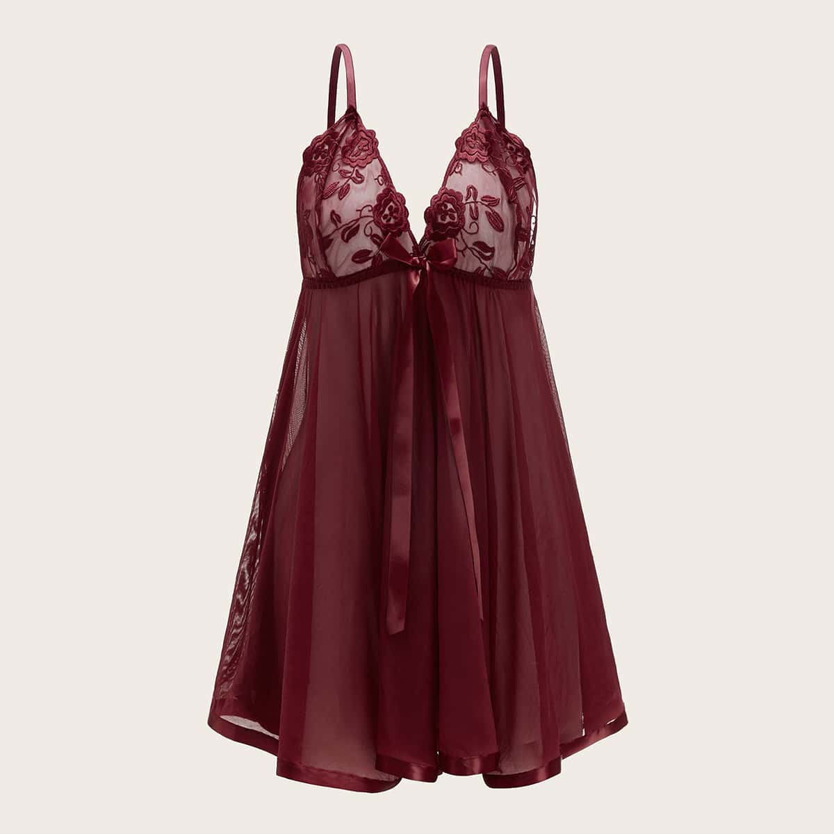 

Floral Embroidery Pleated Slips With Thong, Burgundy