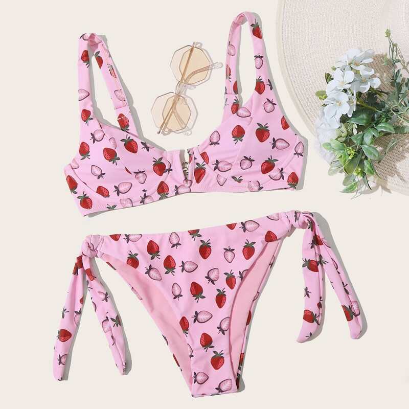 

Strawberry Print V Wired Underwire Tie Side Bikini Swimsuit, Pink