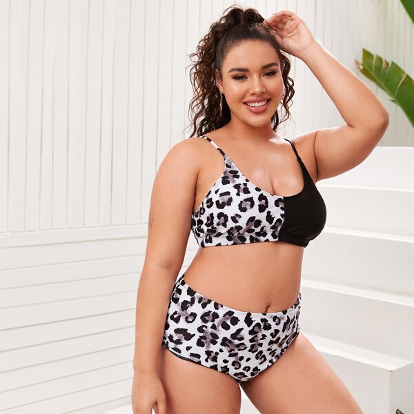 

Plus Contrast Leopard High Waisted Bikini Swimsuit, Multicolor