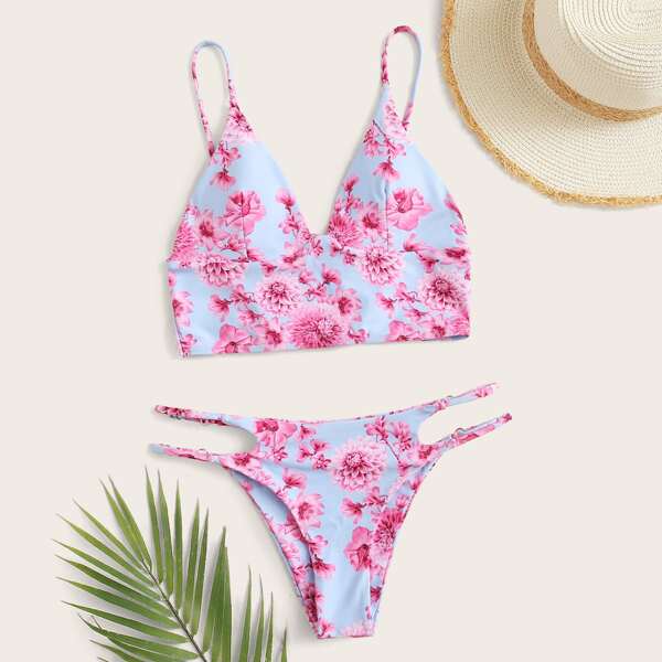 

Floral Lace-up Back Cut Out Bikini Swimsuit, Multicolor