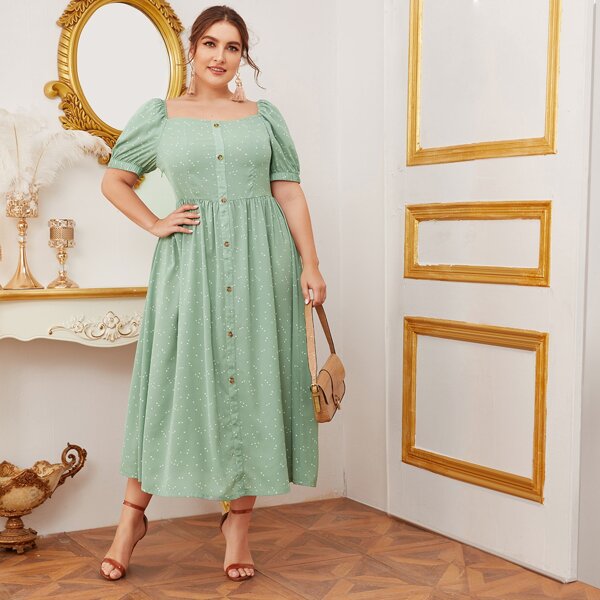 

Plus Square Neck Puff Sleeve Confetti Heart Print Dress, Green pastel