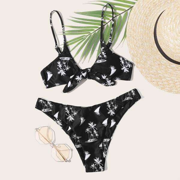 

Palm Print Knot Front Bikini Swimsuit, Black