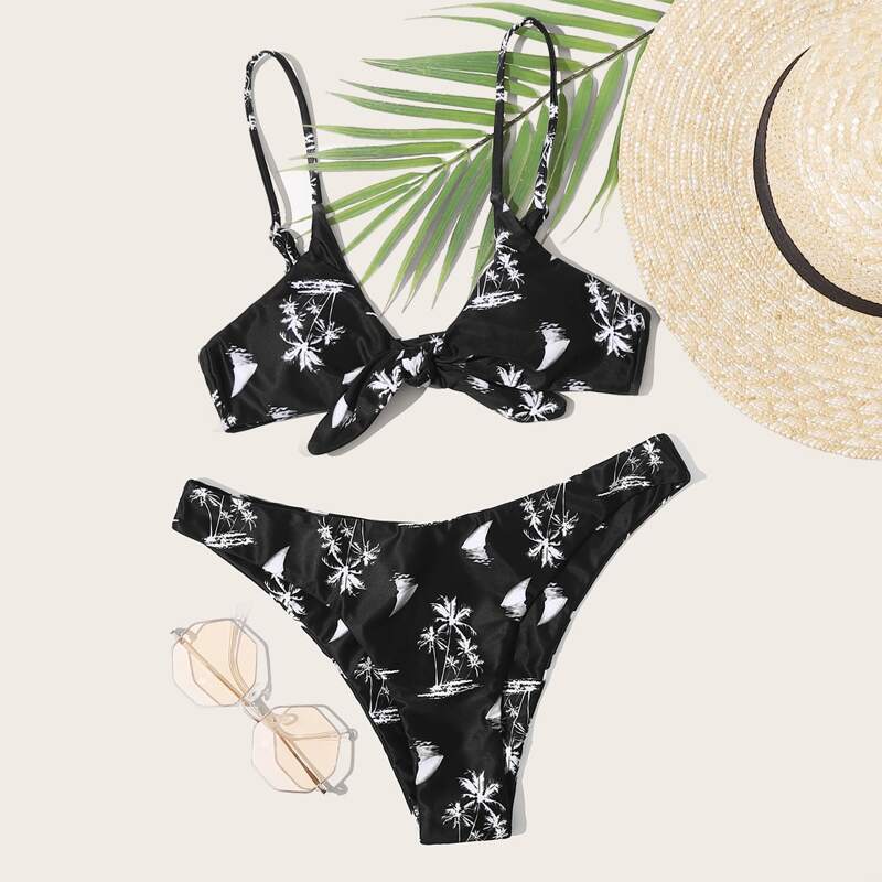 

Palm Print Knot Front Bikini Swimsuit, Black