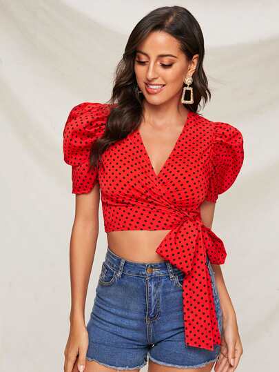 Vermelho Embrulhar  Bolinhas Boho Blusa