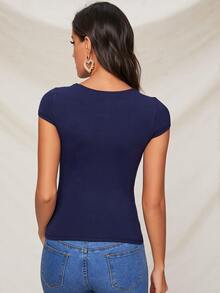 SHEIN BASICS Cotton Notched Neck Form Fitted Top - Navy Blue - View 2