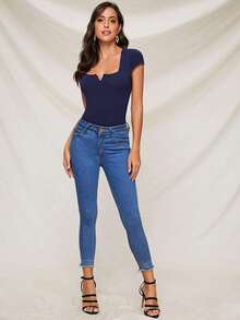 SHEIN BASICS Cotton Notched Neck Form Fitted Top - Navy Blue - View 3