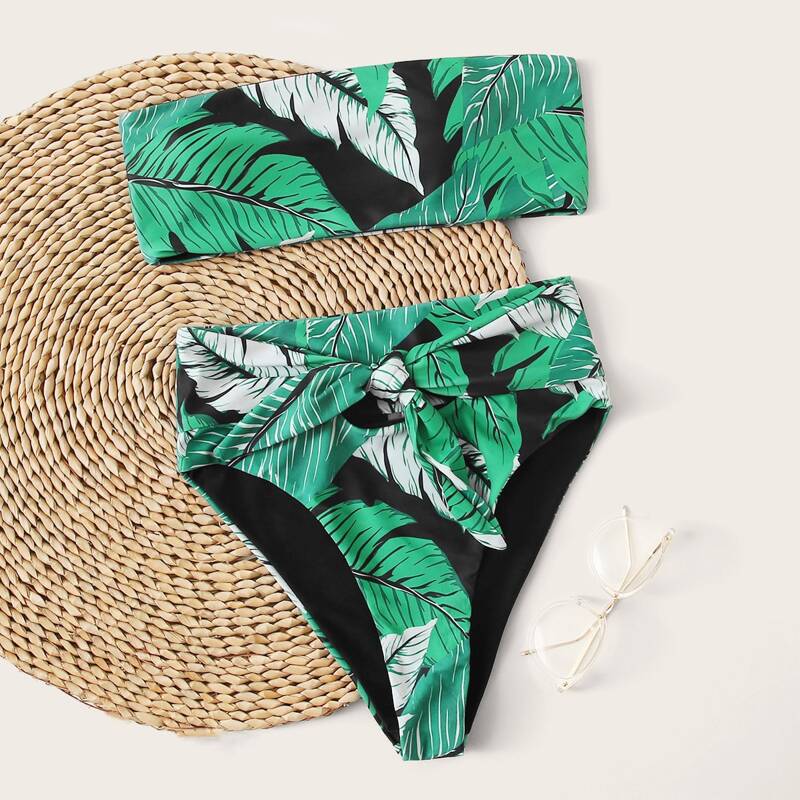 

Tropical Tie Front Bandeau High Waisted Bikini Swimsuit, Green