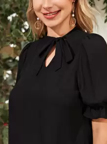 SHEIN Clasi Tie Neck Ruffle Cuff Solid Top - Black - View 5