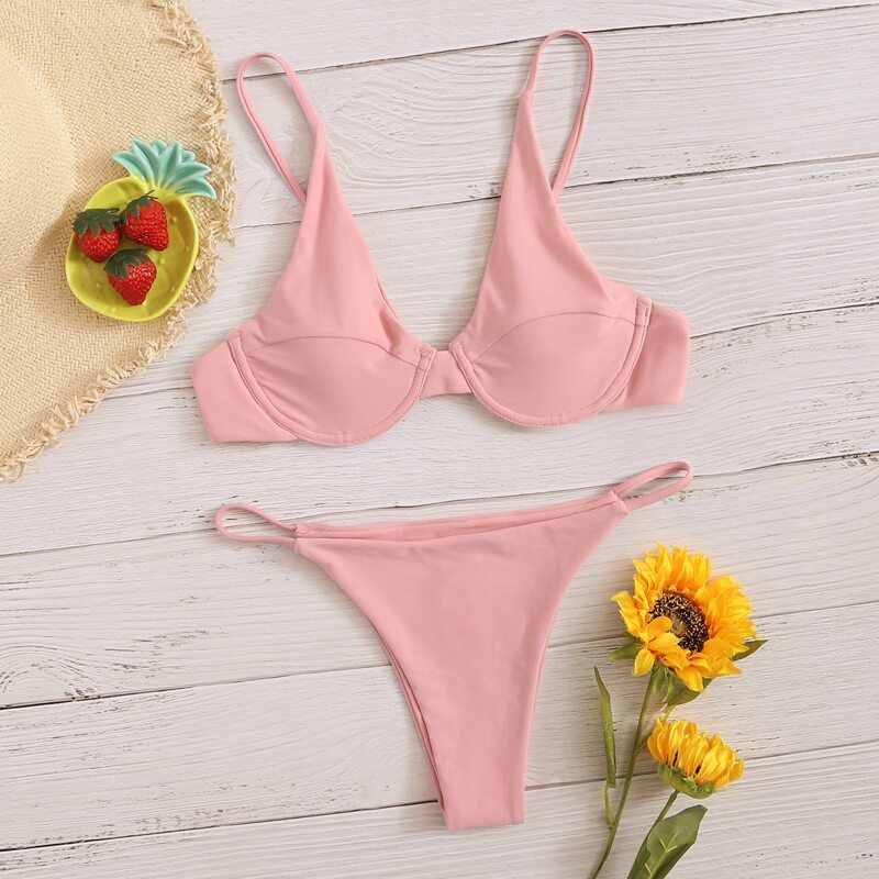 

Underwire Thong Bikini Swimsuit, Pink