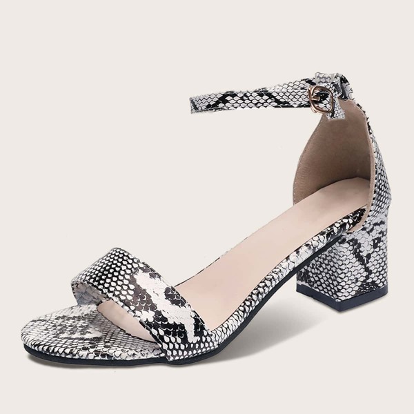 

Open Toe Snakeskin Ankle Strap Chunky Heels, Black and white