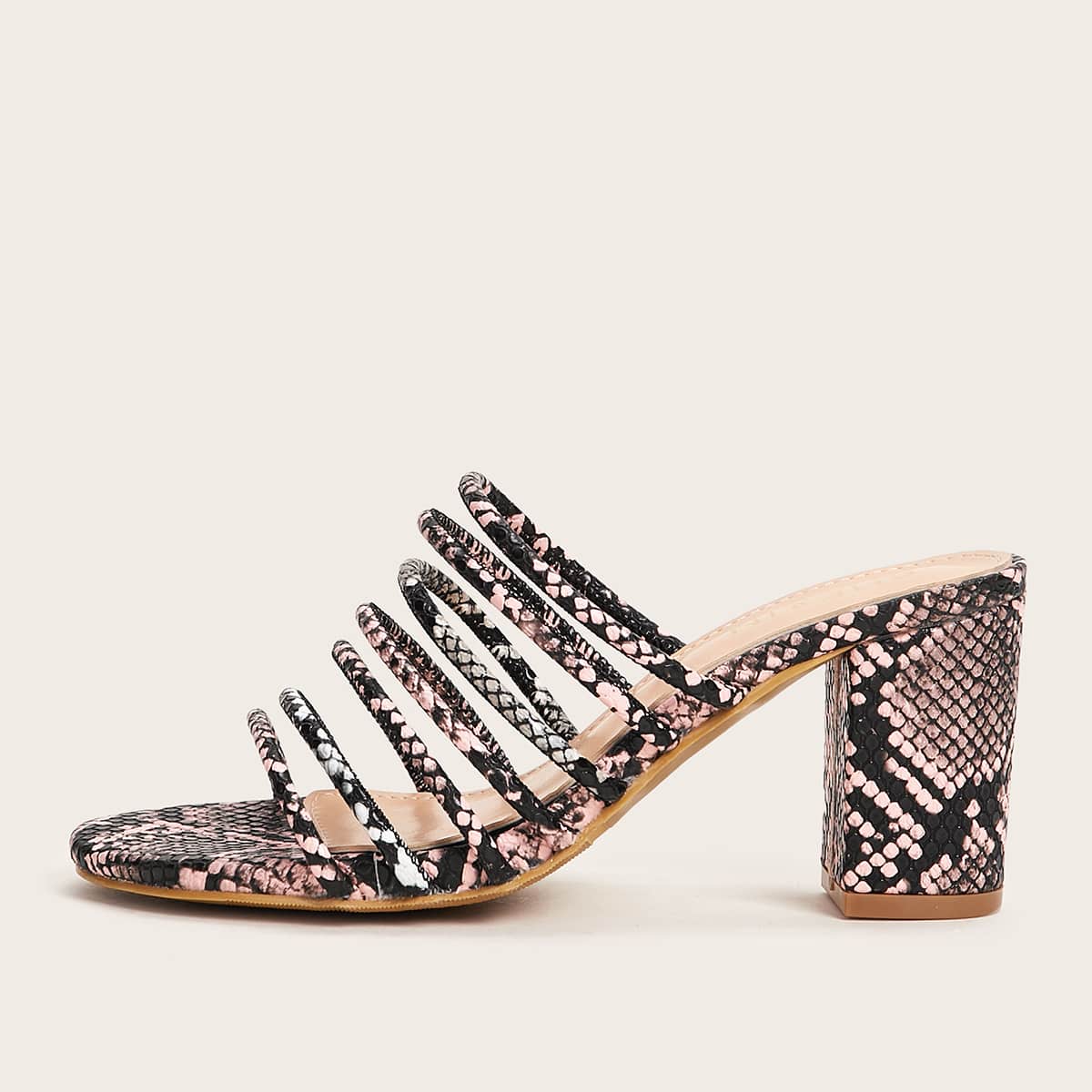 

Snakeskin Strappy Chunky Heeled Mules, Multicolor
