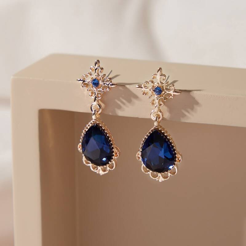 

1pair Gemstone Decor Water Drop Earrings, Blue
